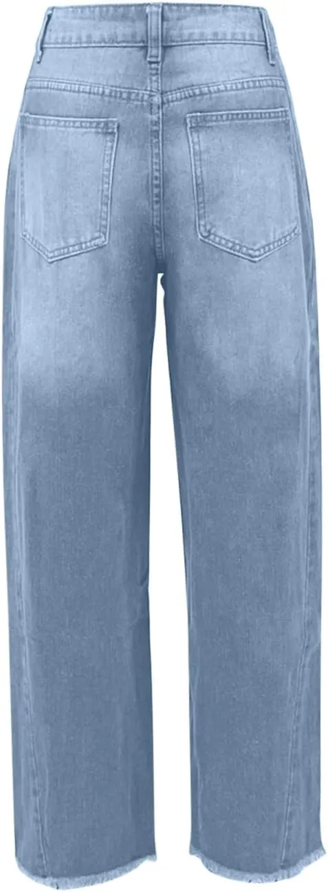 Jeans for Women Wide Leg High Waisted Strechy Raw Hem Denim Pants Classic Stylish Going Out Trousers with Pockets