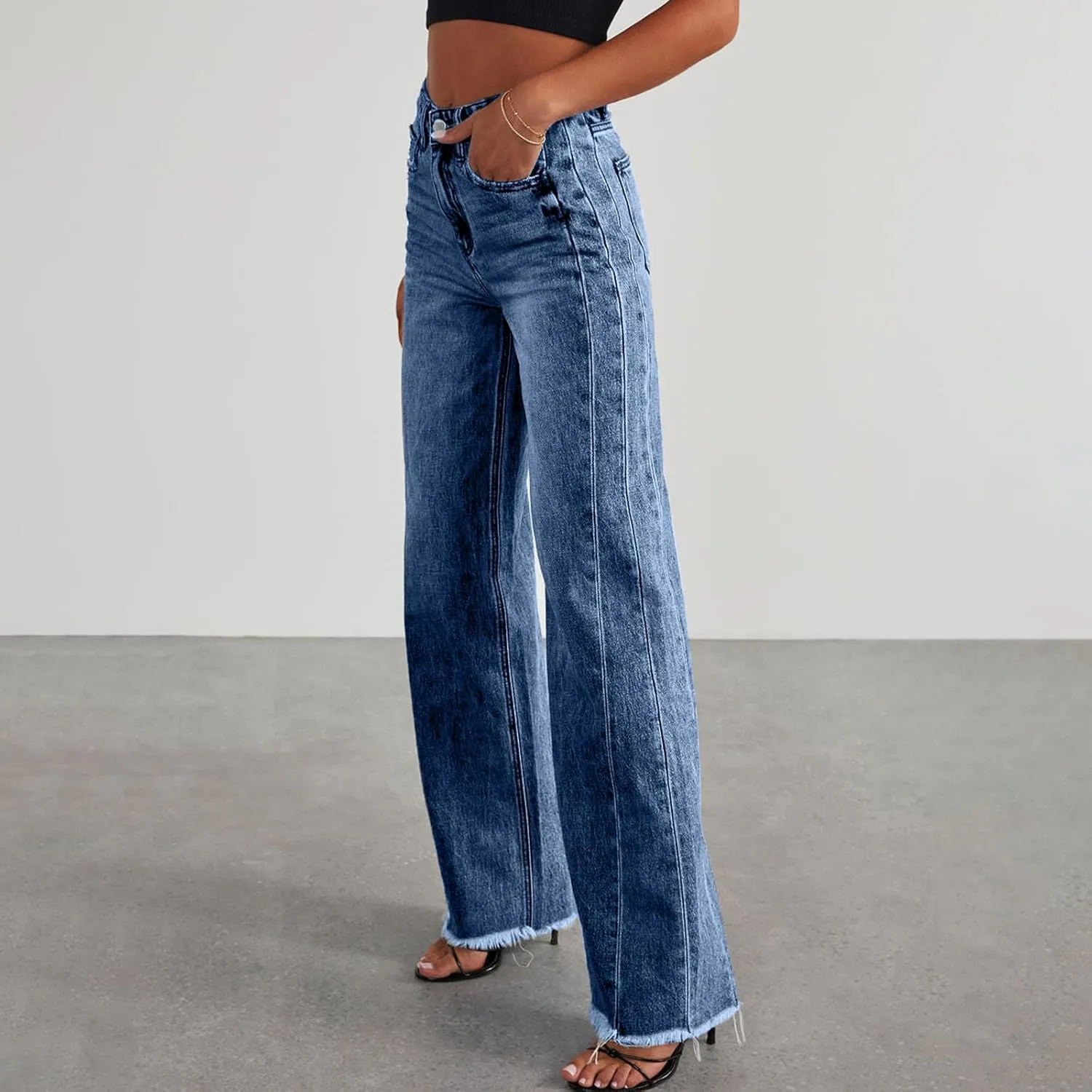 Jeans for Women Wide Leg High Waisted Strechy Raw Hem Denim Pants Classic Stylish Going Out Trousers with Pockets