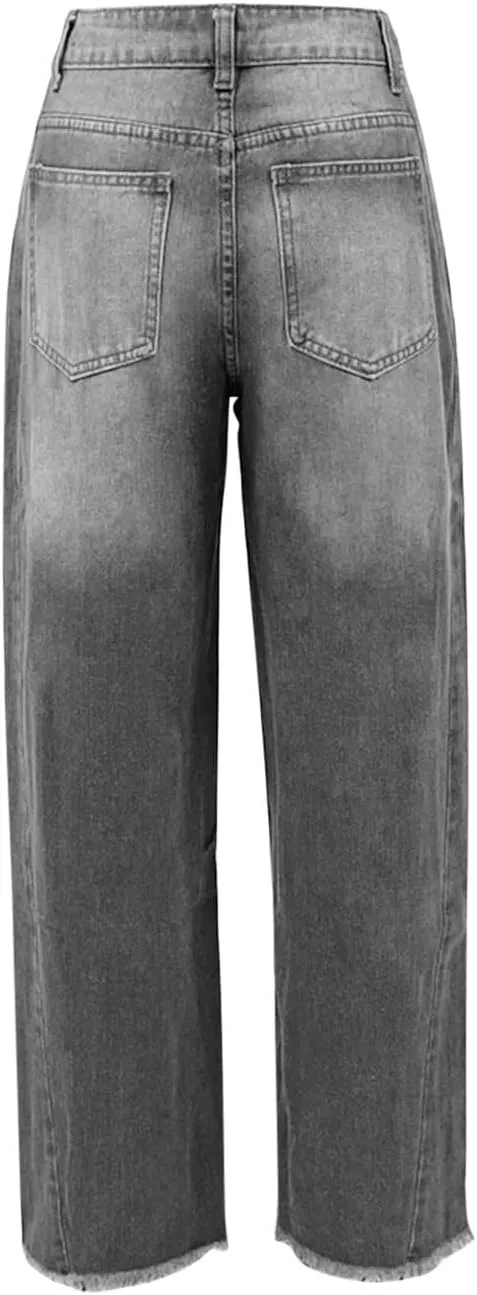 Jeans for Women Wide Leg High Waisted Strechy Raw Hem Denim Pants Classic Stylish Going Out Trousers with Pockets