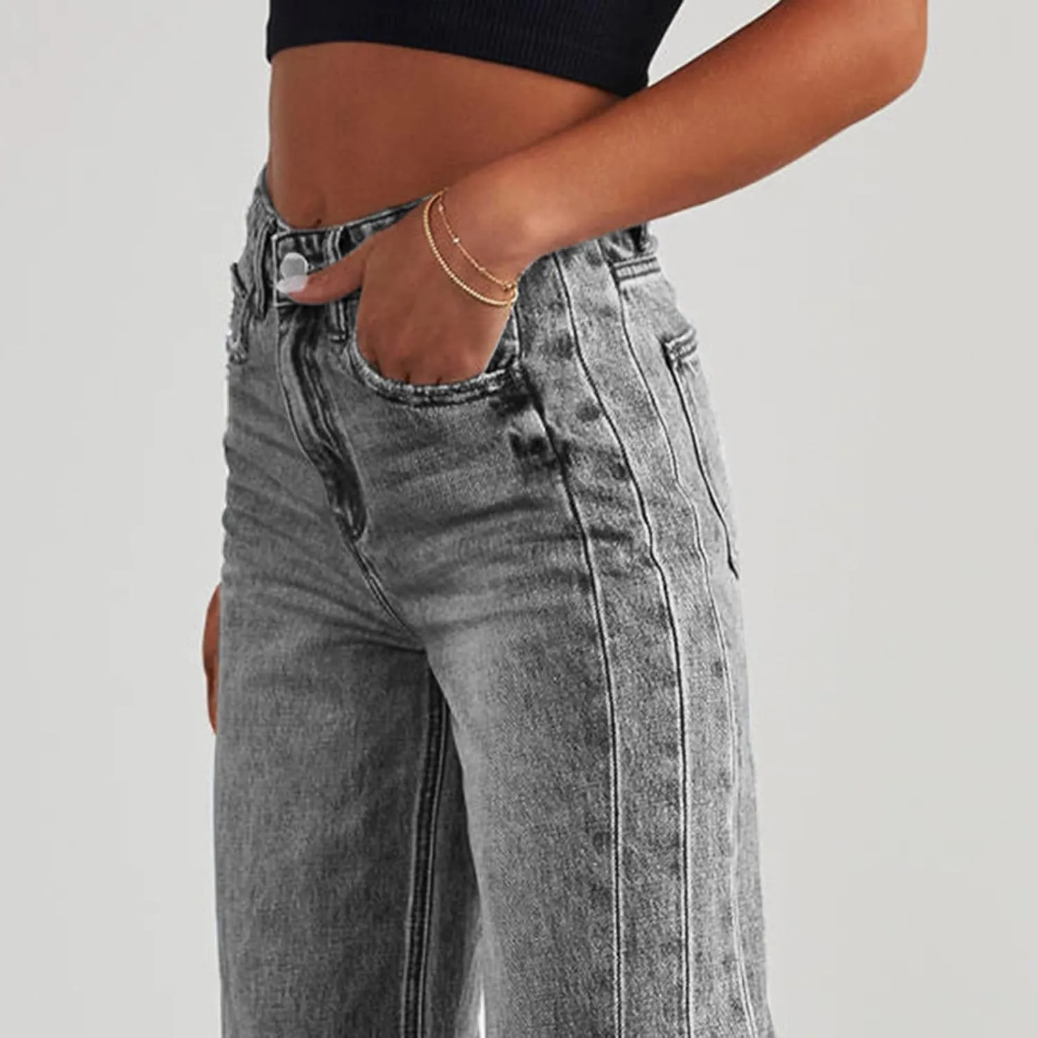Jeans for Women Wide Leg High Waisted Strechy Raw Hem Denim Pants Classic Stylish Going Out Trousers with Pockets