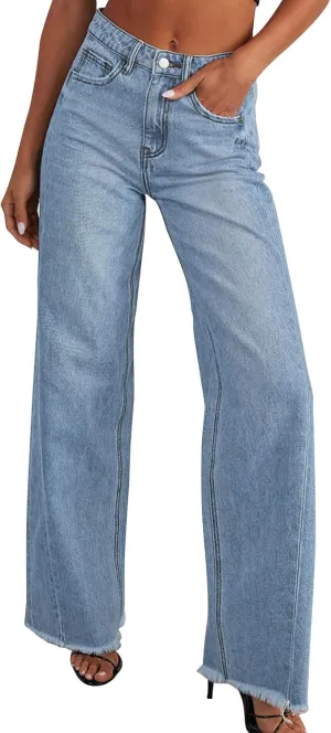 Jeans for Women Wide Leg High Waisted Strechy Raw Hem Denim Pants Classic Stylish Going Out Trousers with Pockets