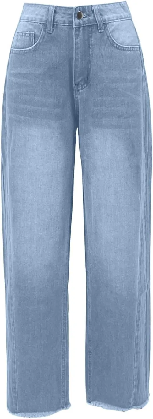 Jeans for Women Wide Leg High Waisted Strechy Raw Hem Denim Pants Classic Stylish Going Out Trousers with Pockets