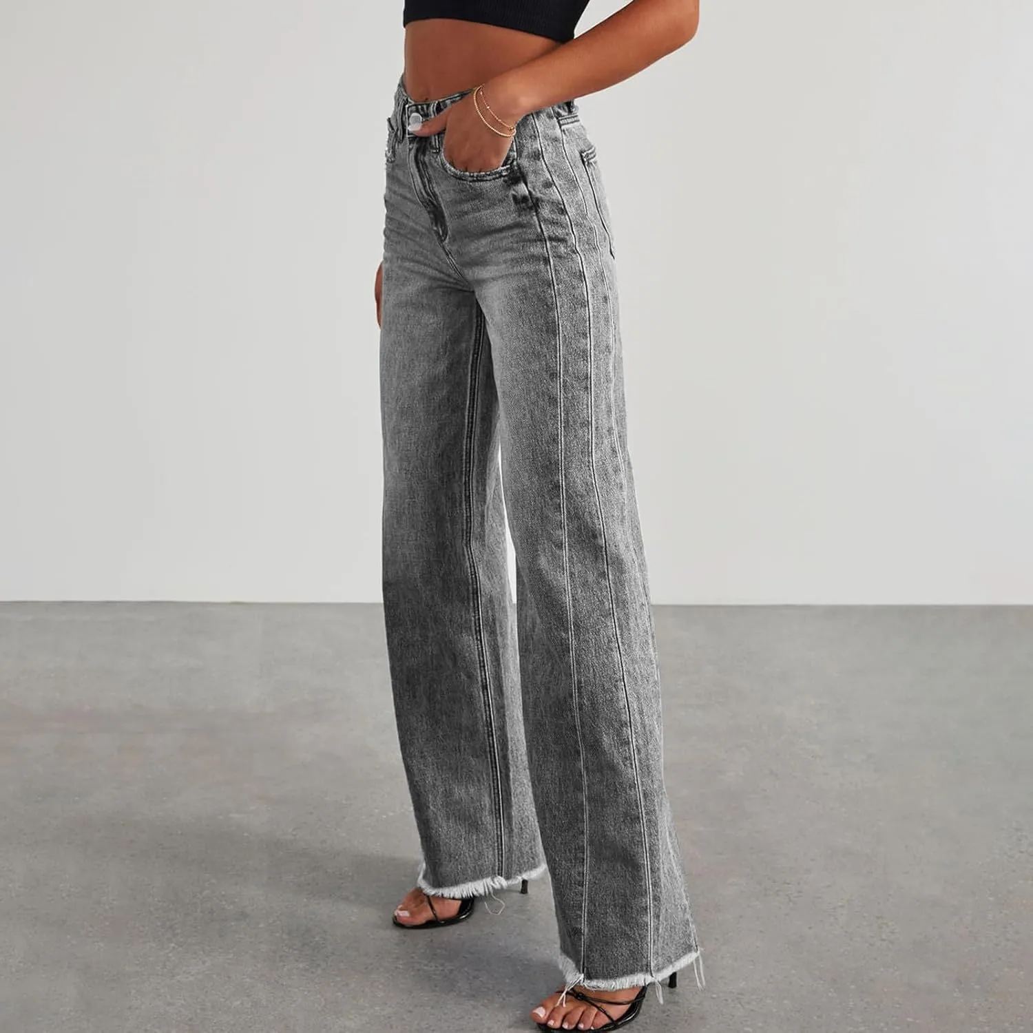 Jeans for Women Wide Leg High Waisted Strechy Raw Hem Denim Pants Classic Stylish Going Out Trousers with Pockets