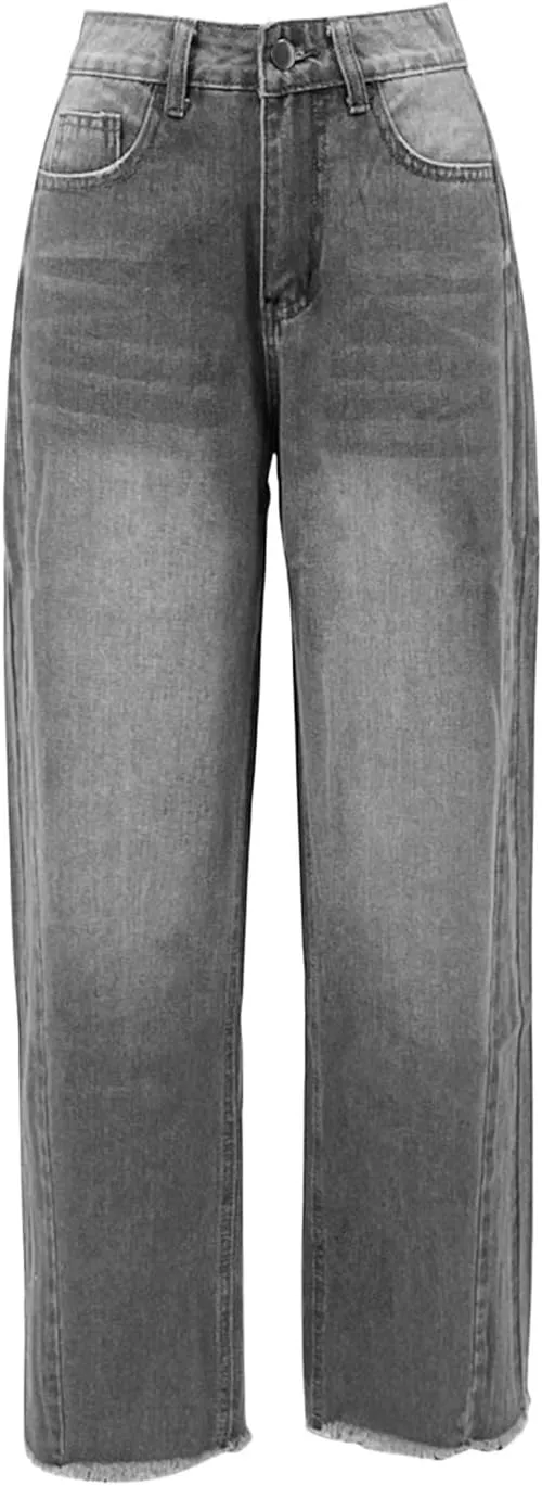 Jeans for Women Wide Leg High Waisted Strechy Raw Hem Denim Pants Classic Stylish Going Out Trousers with Pockets