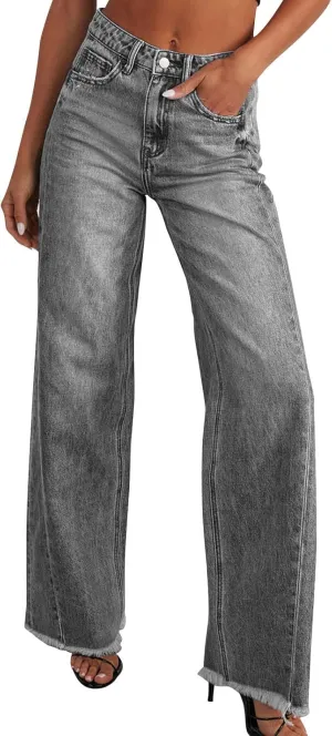 Jeans for Women Wide Leg High Waisted Strechy Raw Hem Denim Pants Classic Stylish Going Out Trousers with Pockets