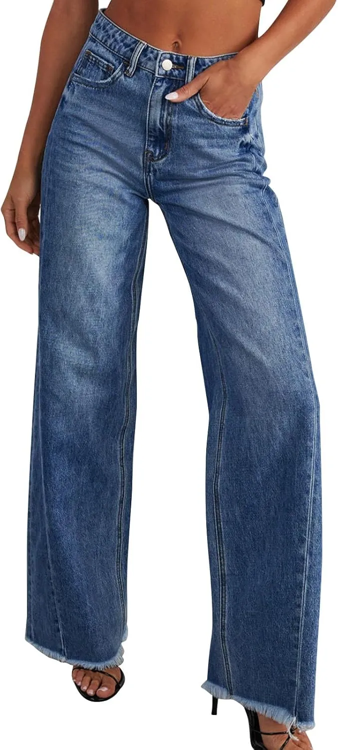 Jeans for Women Wide Leg High Waisted Strechy Raw Hem Denim Pants Classic Stylish Going Out Trousers with Pockets