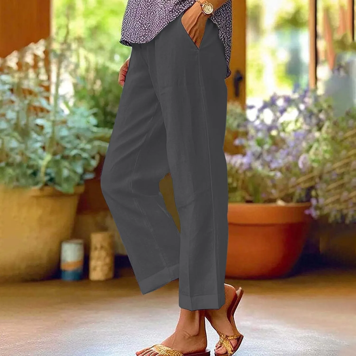 Linen Capri Pants for Women High Waisted Straight Leg Cropped Lounge Pant Comfy Soft Gauze Trousers with Pockets