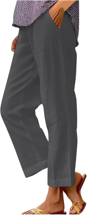 Linen Capri Pants for Women High Waisted Straight Leg Cropped Lounge Pant Comfy Soft Gauze Trousers with Pockets
