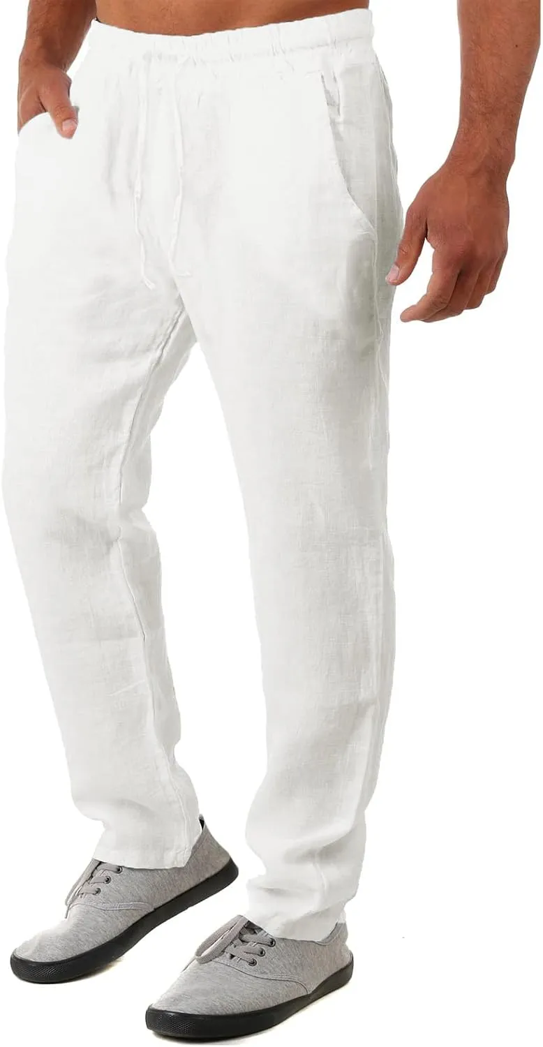 Linen Pants for Men 2023 Casual Stylish Drawstring Cotton Trousers Regular Fit Elastic Waist Solid Straight Legs