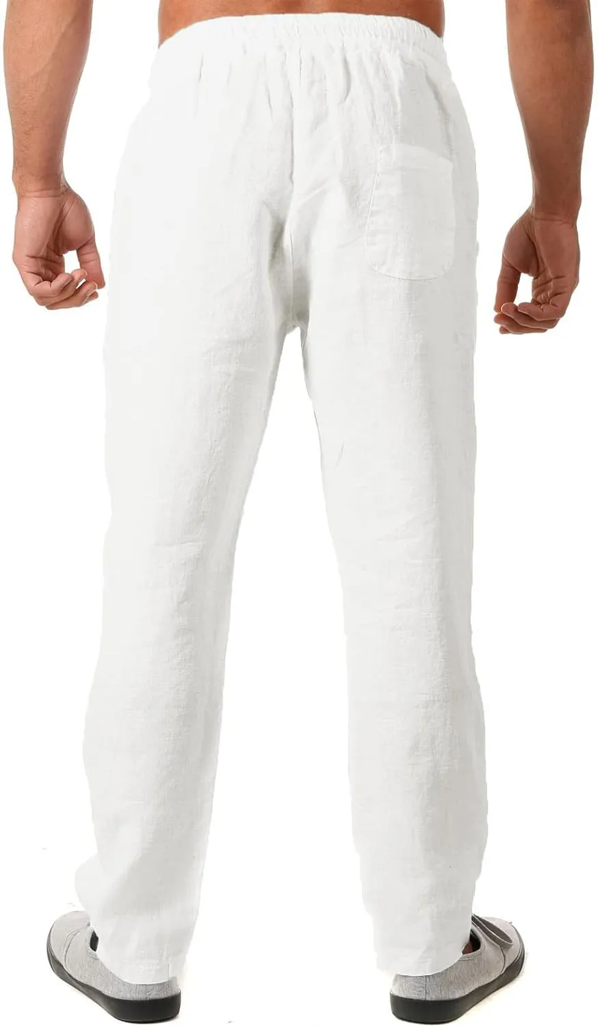 Linen Pants for Men 2023 Casual Stylish Drawstring Cotton Trousers Regular Fit Elastic Waist Solid Straight Legs