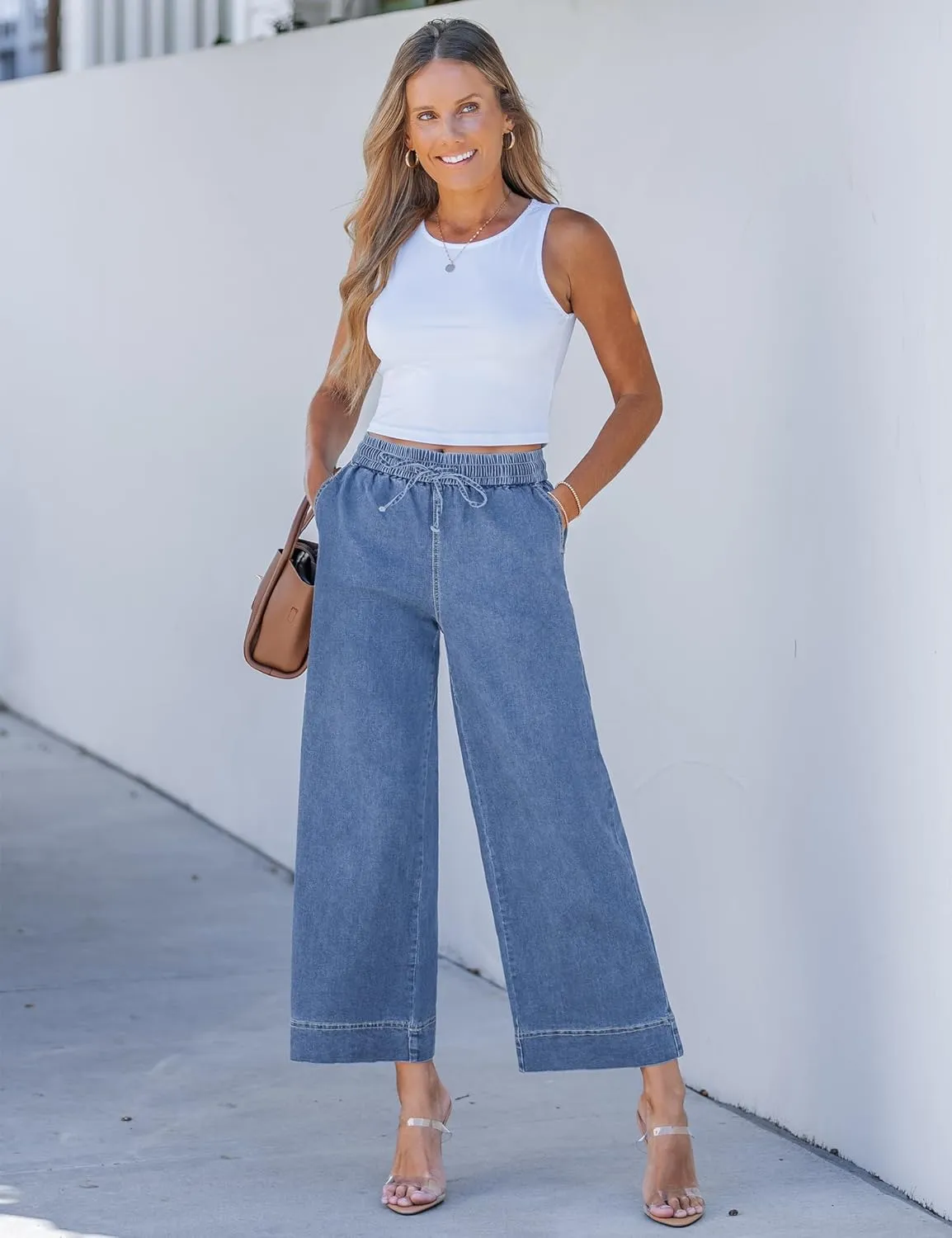 luvamia Wide Leg Jeans for Women High Waisted Cropped Pull On Jeans Elastic Wasit Drawstring Stretch Denim Trouser Pants