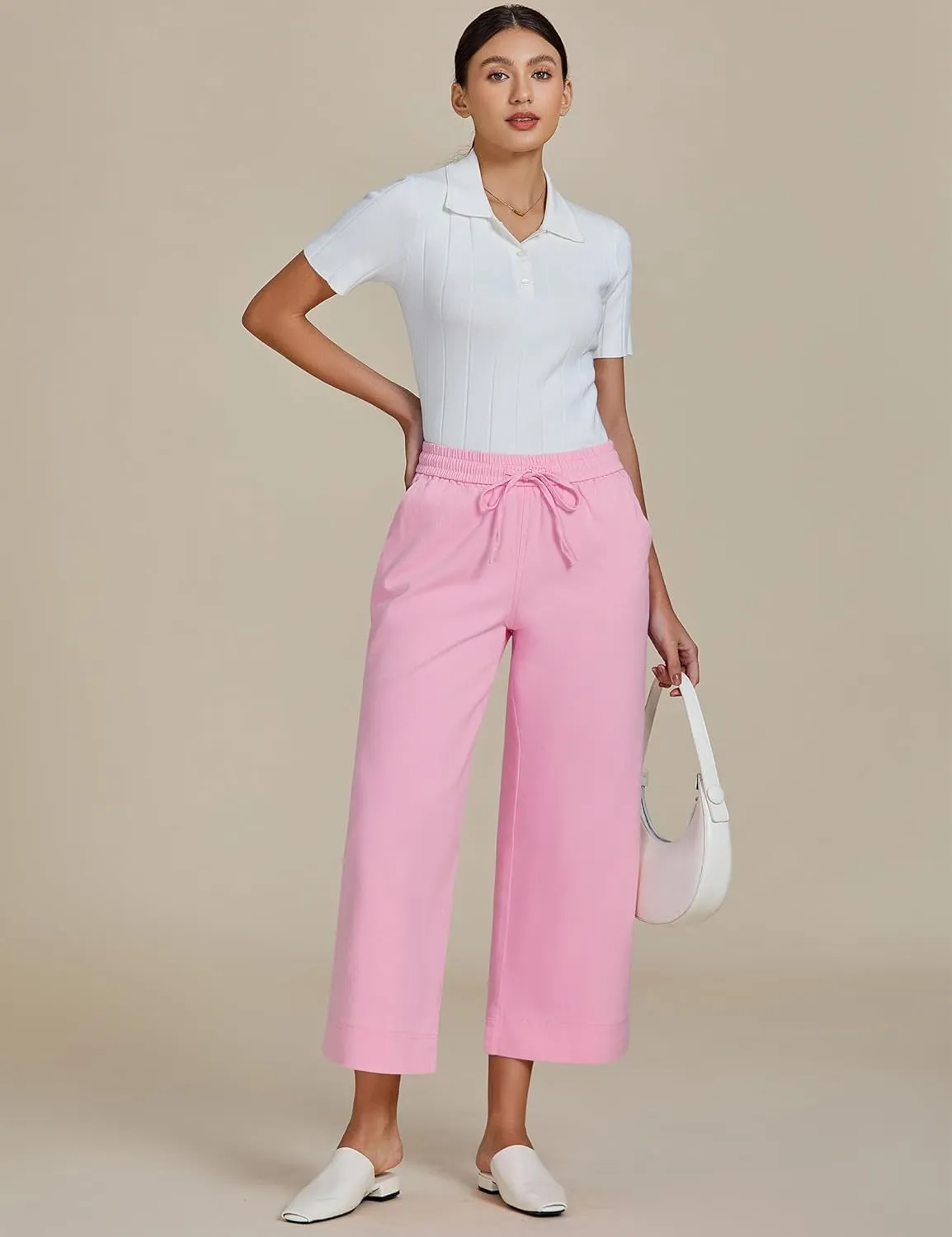 luvamia Wide Leg Jeans for Women High Waisted Cropped Pull On Jeans Elastic Wasit Drawstring Stretch Denim Trouser Pants