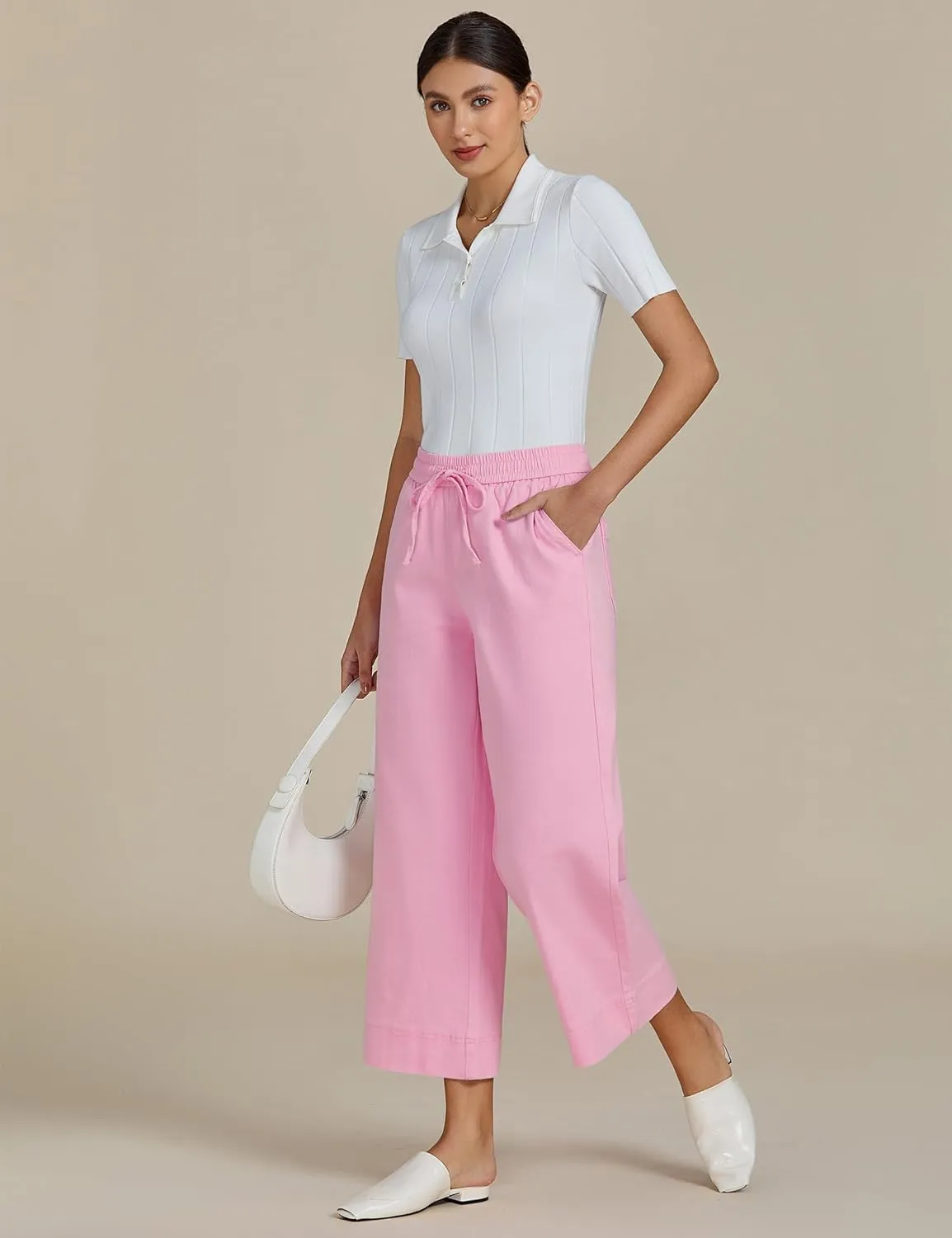 luvamia Wide Leg Jeans for Women High Waisted Cropped Pull On Jeans Elastic Wasit Drawstring Stretch Denim Trouser Pants