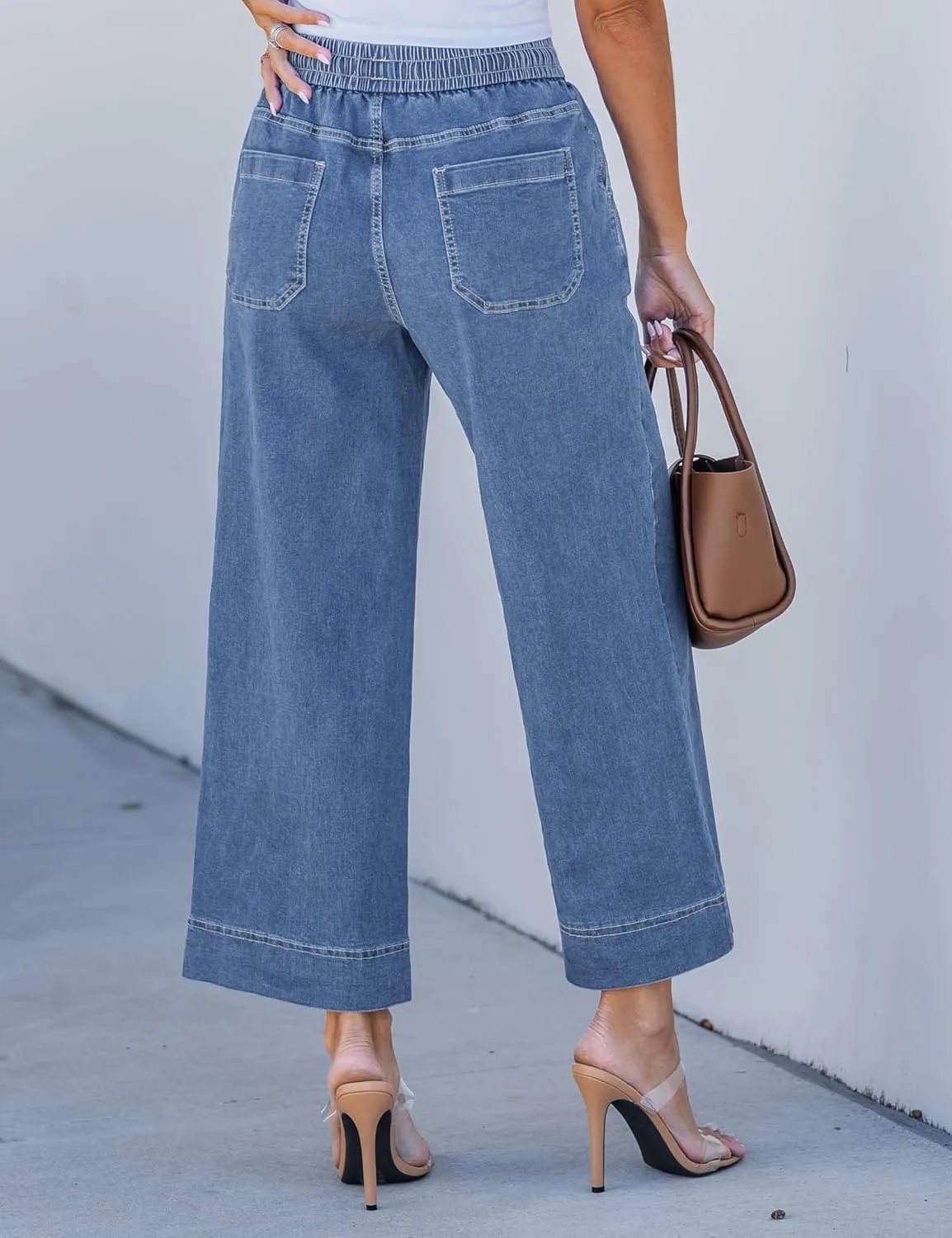 luvamia Wide Leg Jeans for Women High Waisted Cropped Pull On Jeans Elastic Wasit Drawstring Stretch Denim Trouser Pants