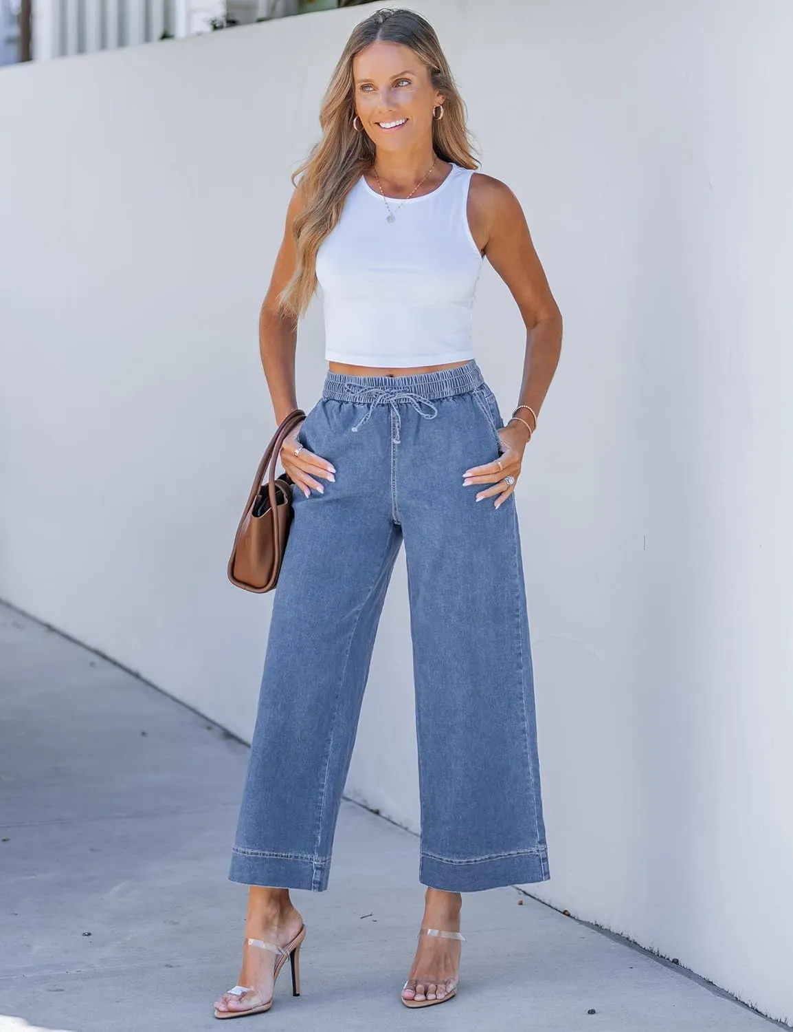 luvamia Wide Leg Jeans for Women High Waisted Cropped Pull On Jeans Elastic Wasit Drawstring Stretch Denim Trouser Pants