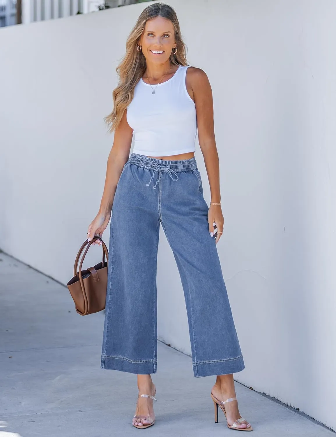 luvamia Wide Leg Jeans for Women High Waisted Cropped Pull On Jeans Elastic Wasit Drawstring Stretch Denim Trouser Pants