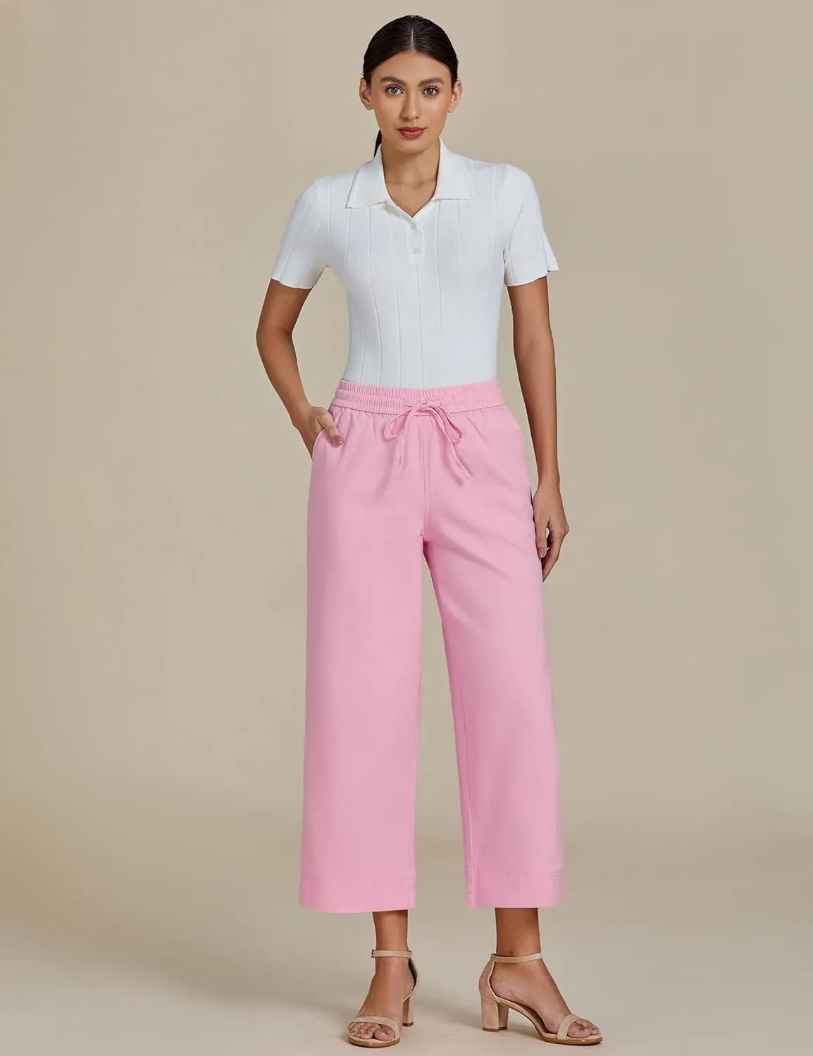 luvamia Wide Leg Jeans for Women High Waisted Cropped Pull On Jeans Elastic Wasit Drawstring Stretch Denim Trouser Pants
