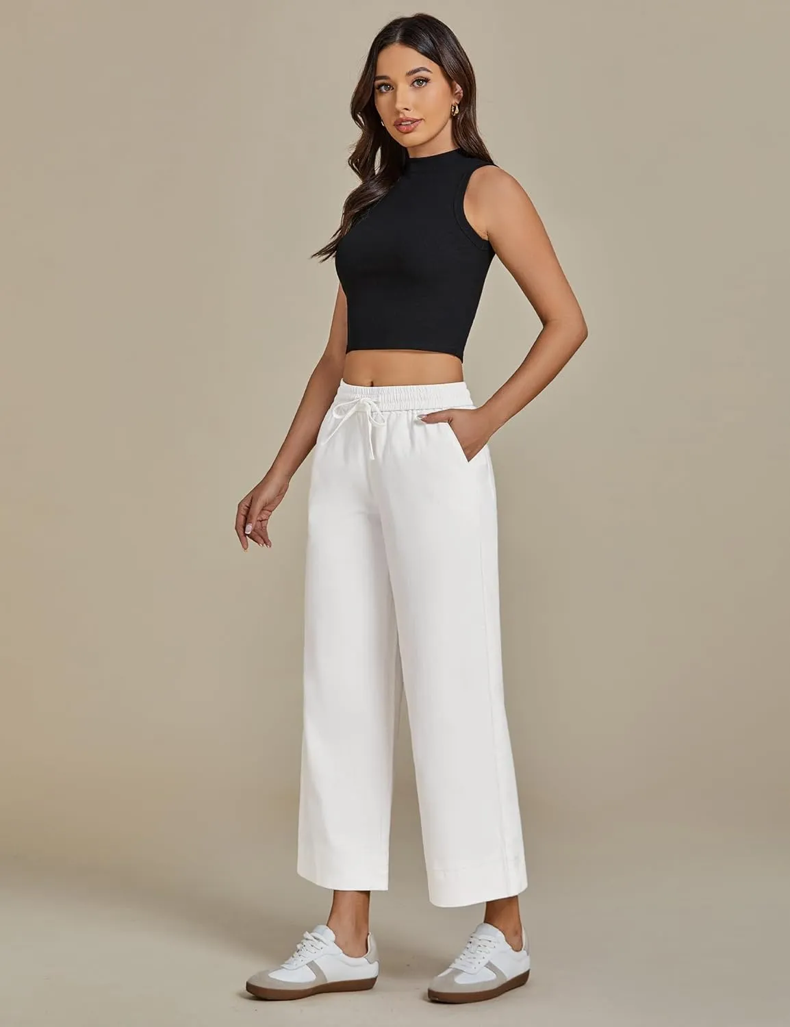 luvamia Wide Leg Jeans for Women High Waisted Cropped Pull On Jeans Elastic Wasit Drawstring Stretch Denim Trouser Pants