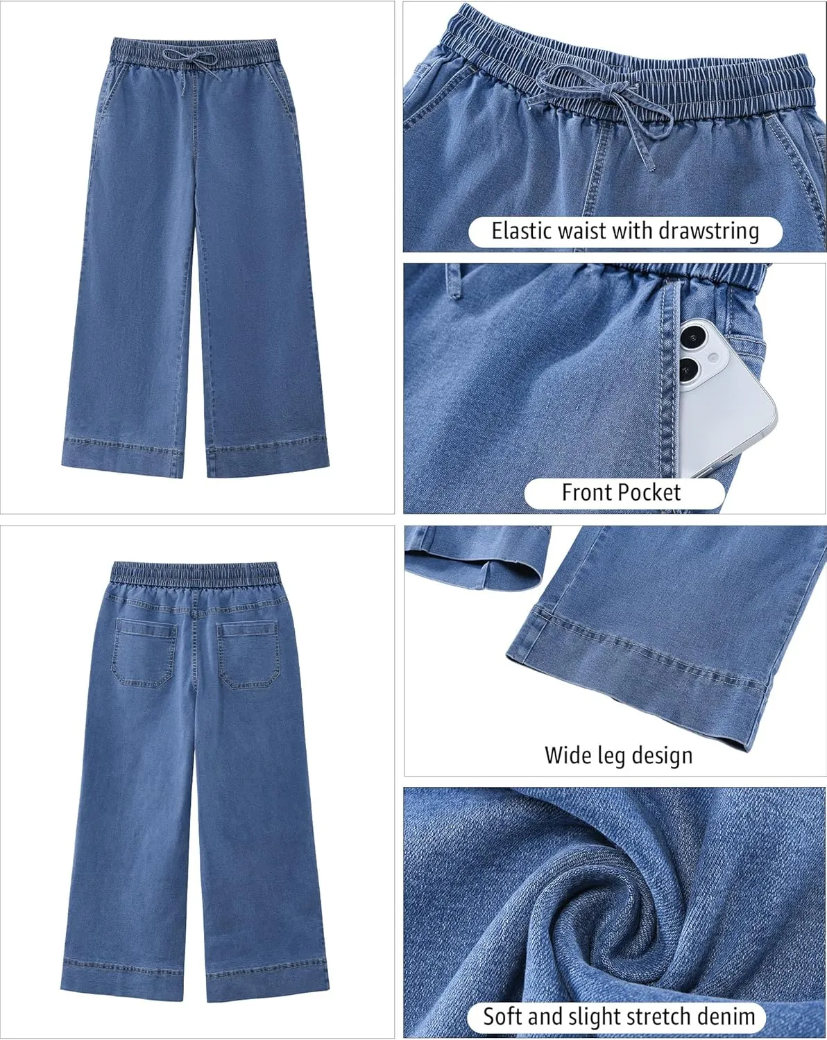luvamia Wide Leg Jeans for Women High Waisted Cropped Pull On Jeans Elastic Wasit Drawstring Stretch Denim Trouser Pants