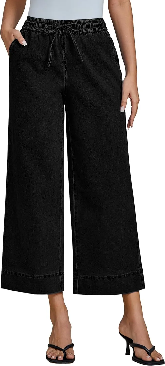luvamia Wide Leg Jeans for Women High Waisted Cropped Pull On Jeans Elastic Wasit Drawstring Stretch Denim Trouser Pants