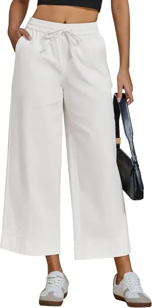 luvamia Wide Leg Jeans for Women High Waisted Cropped Pull On Jeans Elastic Wasit Drawstring Stretch Denim Trouser Pants
