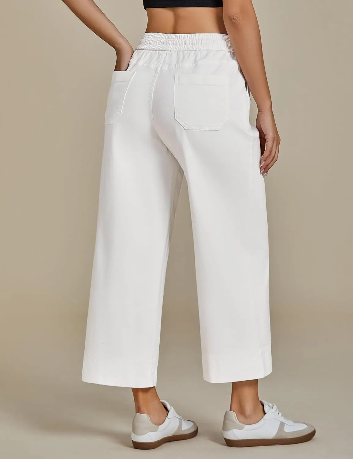 luvamia Wide Leg Jeans for Women High Waisted Cropped Pull On Jeans Elastic Wasit Drawstring Stretch Denim Trouser Pants