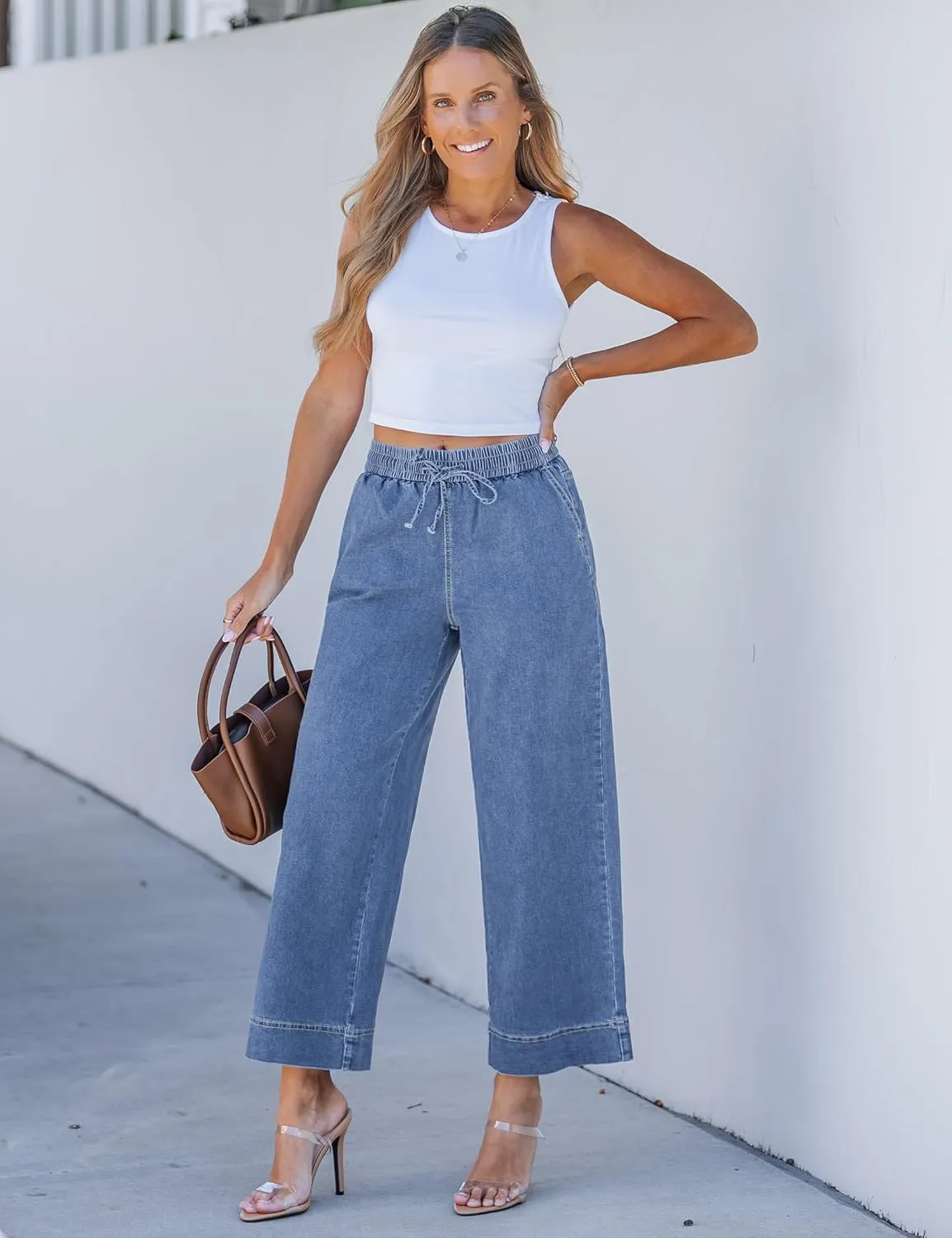 luvamia Wide Leg Jeans for Women High Waisted Cropped Pull On Jeans Elastic Wasit Drawstring Stretch Denim Trouser Pants