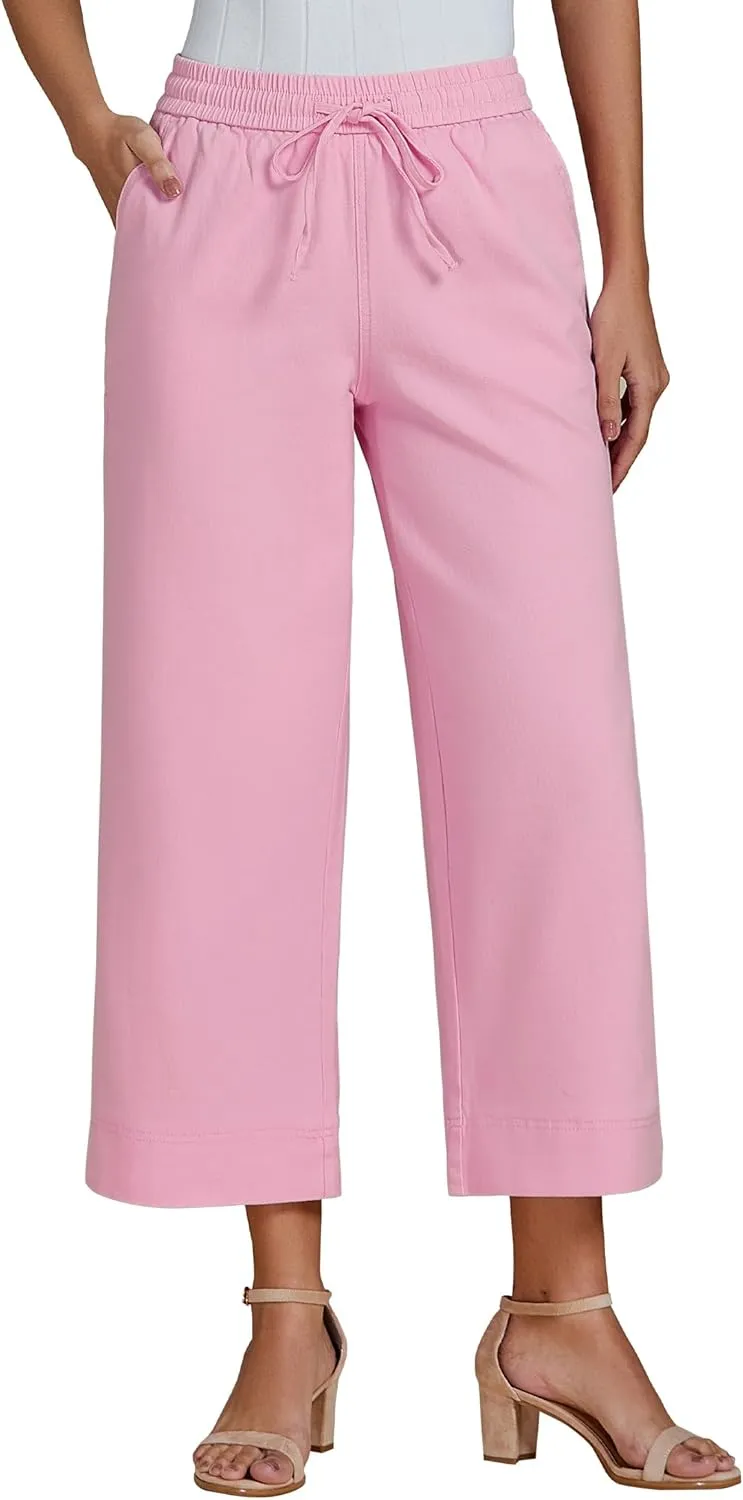 luvamia Wide Leg Jeans for Women High Waisted Cropped Pull On Jeans Elastic Wasit Drawstring Stretch Denim Trouser Pants
