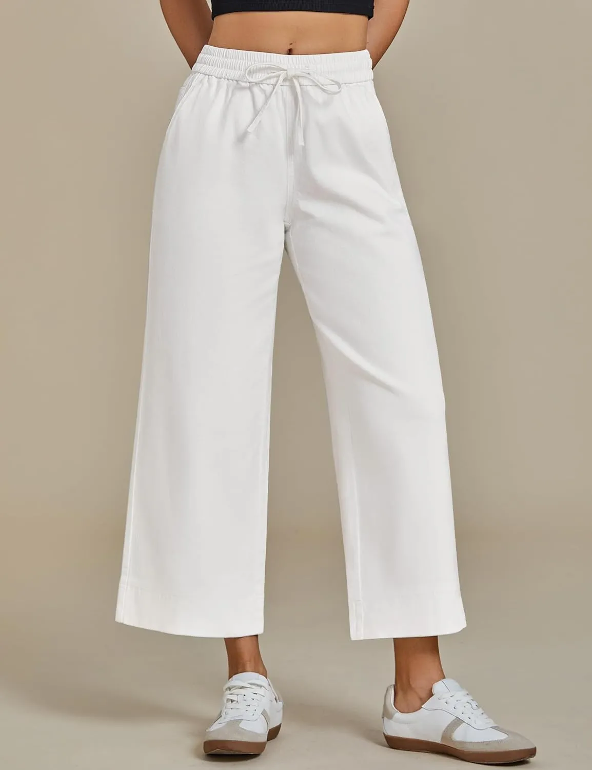 luvamia Wide Leg Jeans for Women High Waisted Cropped Pull On Jeans Elastic Wasit Drawstring Stretch Denim Trouser Pants