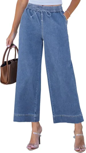 luvamia Wide Leg Jeans for Women High Waisted Cropped Pull On Jeans Elastic Wasit Drawstring Stretch Denim Trouser Pants