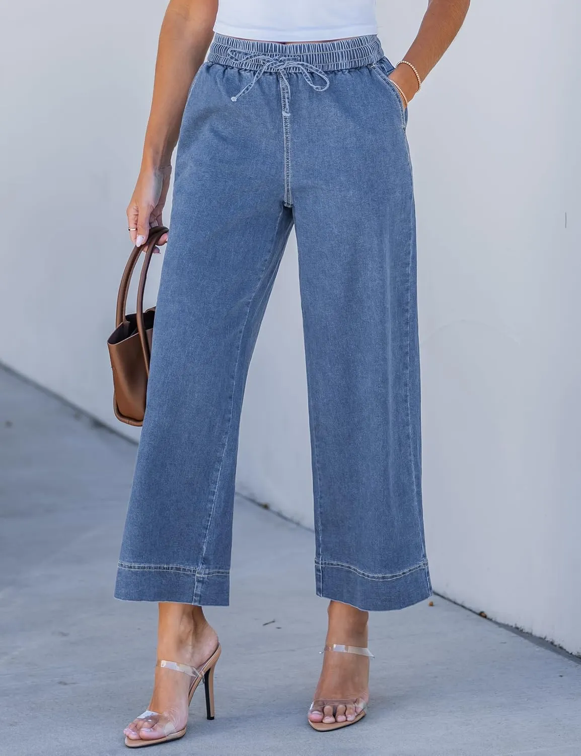 luvamia Wide Leg Jeans for Women High Waisted Cropped Pull On Jeans Elastic Wasit Drawstring Stretch Denim Trouser Pants