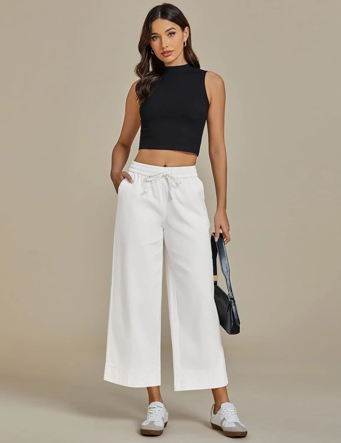 luvamia Wide Leg Jeans for Women High Waisted Cropped Pull On Jeans Elastic Wasit Drawstring Stretch Denim Trouser Pants