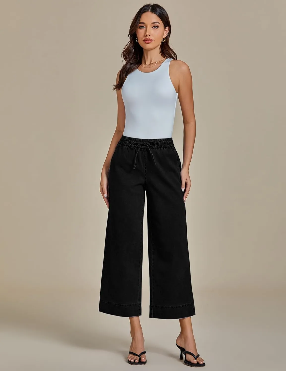 luvamia Wide Leg Jeans for Women High Waisted Cropped Pull On Jeans Elastic Wasit Drawstring Stretch Denim Trouser Pants