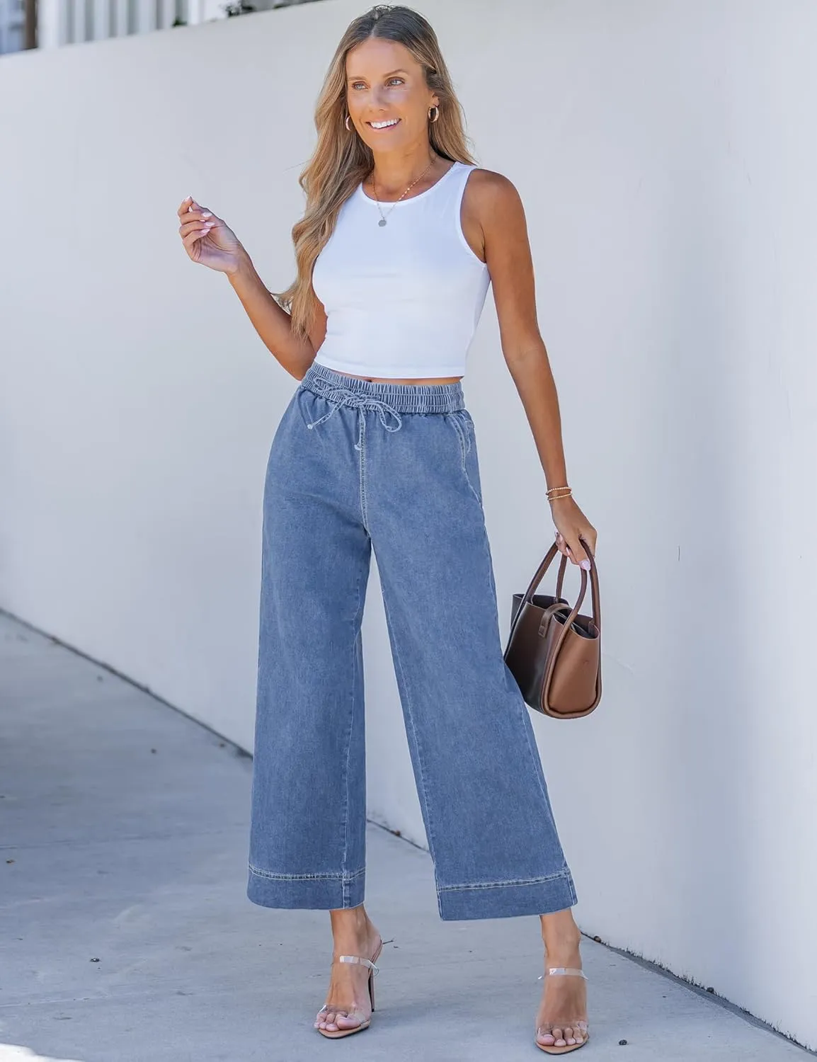 luvamia Wide Leg Jeans for Women High Waisted Cropped Pull On Jeans Elastic Wasit Drawstring Stretch Denim Trouser Pants