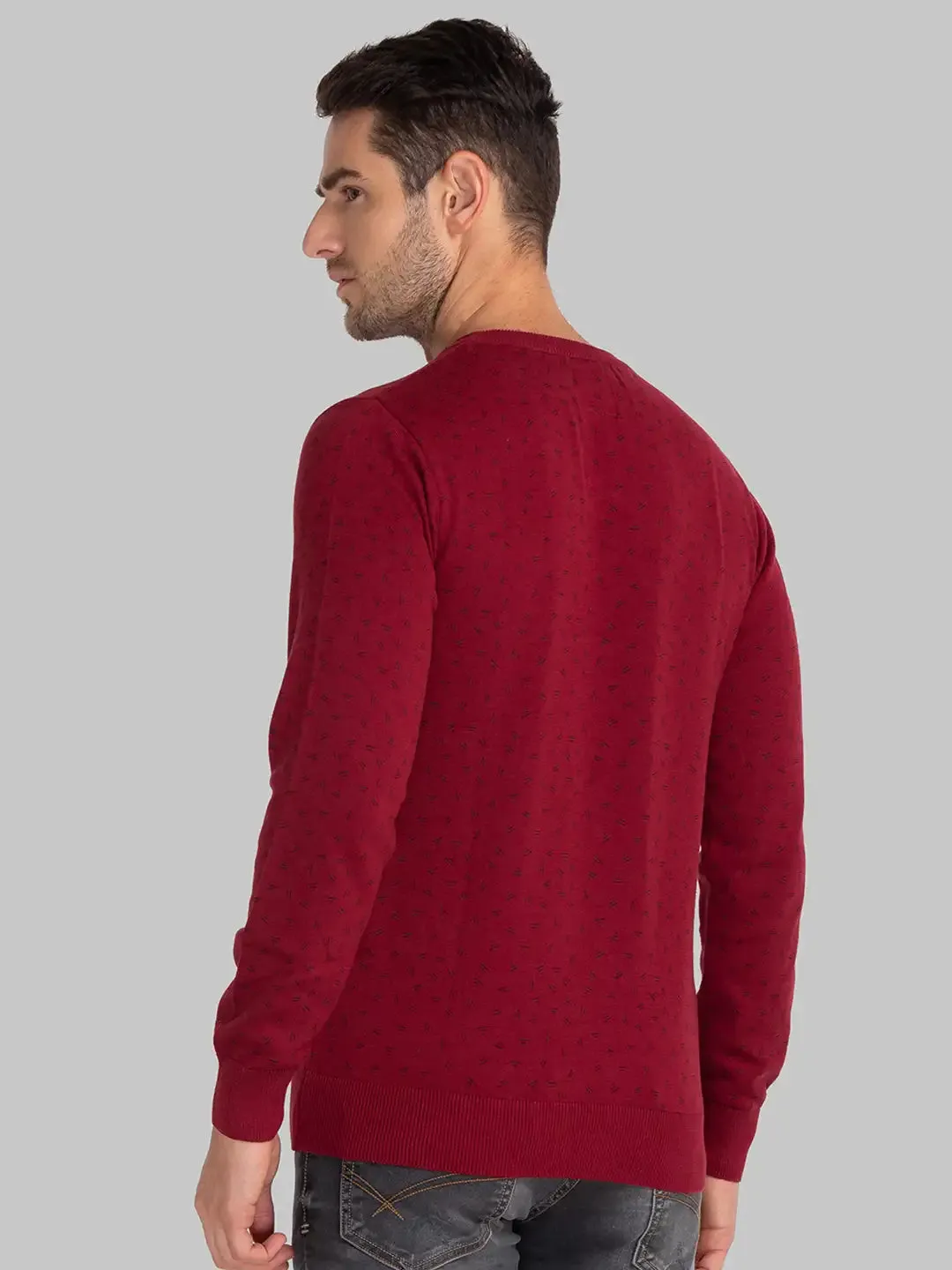 Men Red Print Cotton Full Sleeve Sweaters