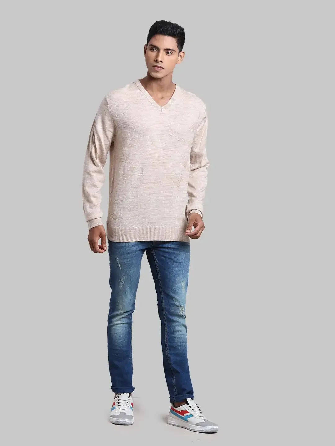 Men White Structure Acrylic Full Sleeve Sweaters