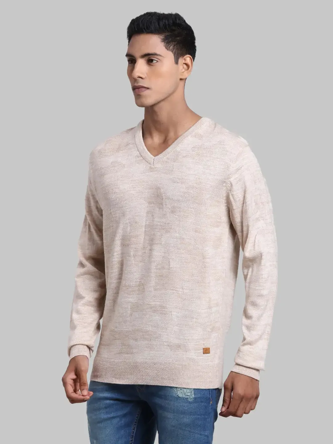 Men White Structure Acrylic Full Sleeve Sweaters