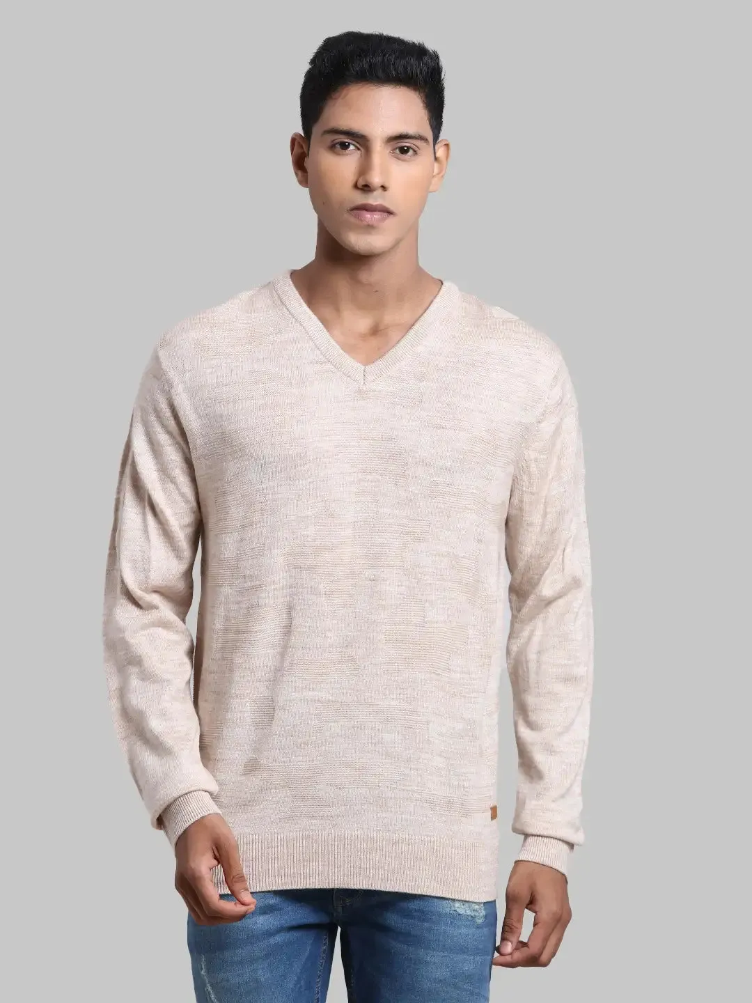 Men White Structure Acrylic Full Sleeve Sweaters
