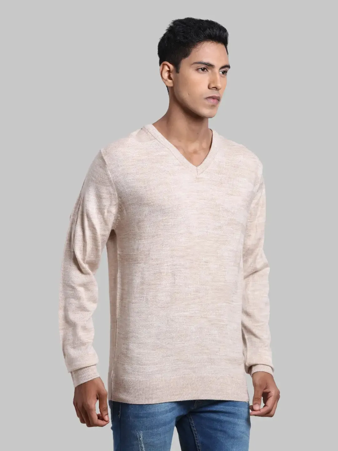 Men White Structure Acrylic Full Sleeve Sweaters