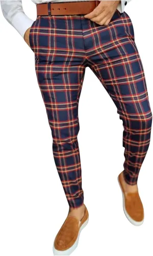 Men's Casual Stretch Business Dress Pants Slim Fit Plaid Stylish Golf Chino Pants Skinny Flat-Front Tapered Work Pant