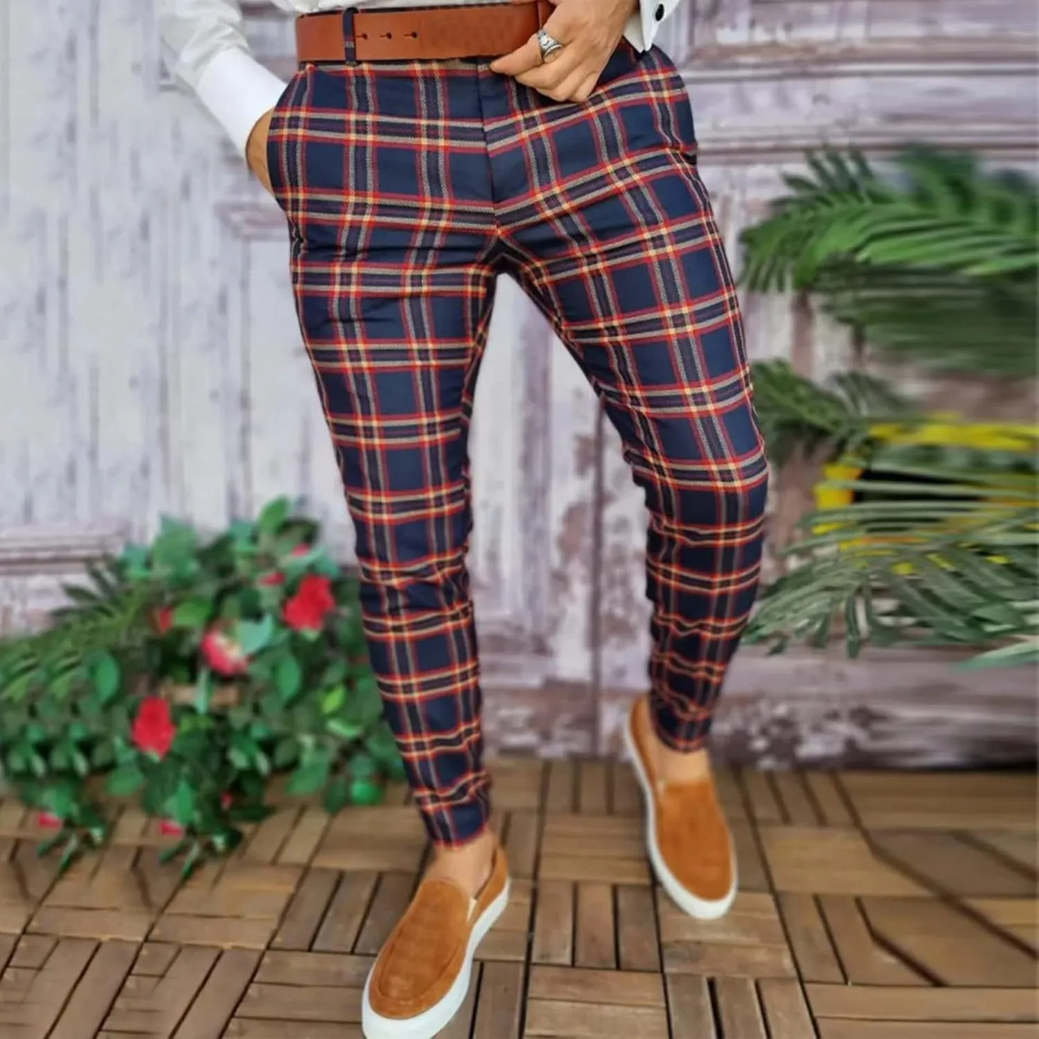 Men's Casual Stretch Business Dress Pants Slim Fit Plaid Stylish Golf Chino Pants Skinny Flat-Front Tapered Work Pant
