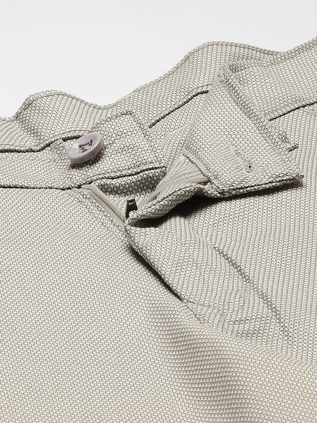 Men's Cotton Blend Grey & Off White Self Design Formal Trousers - Sojanya