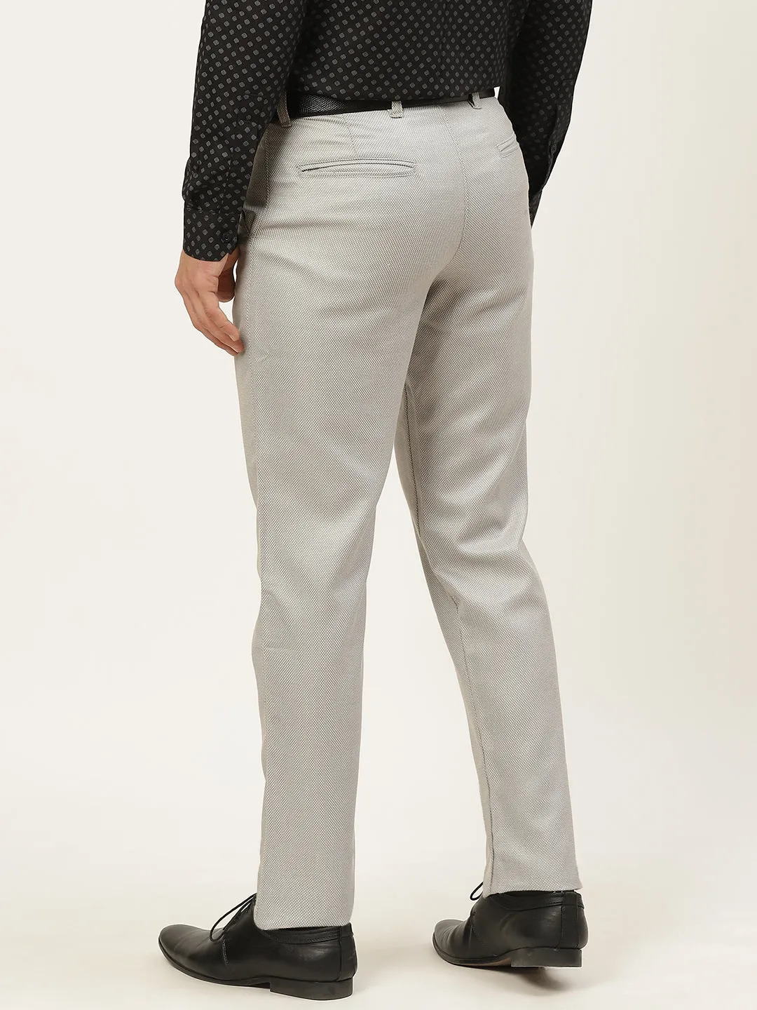 Men's Cotton Blend Grey & Off White Self Design Formal Trousers - Sojanya