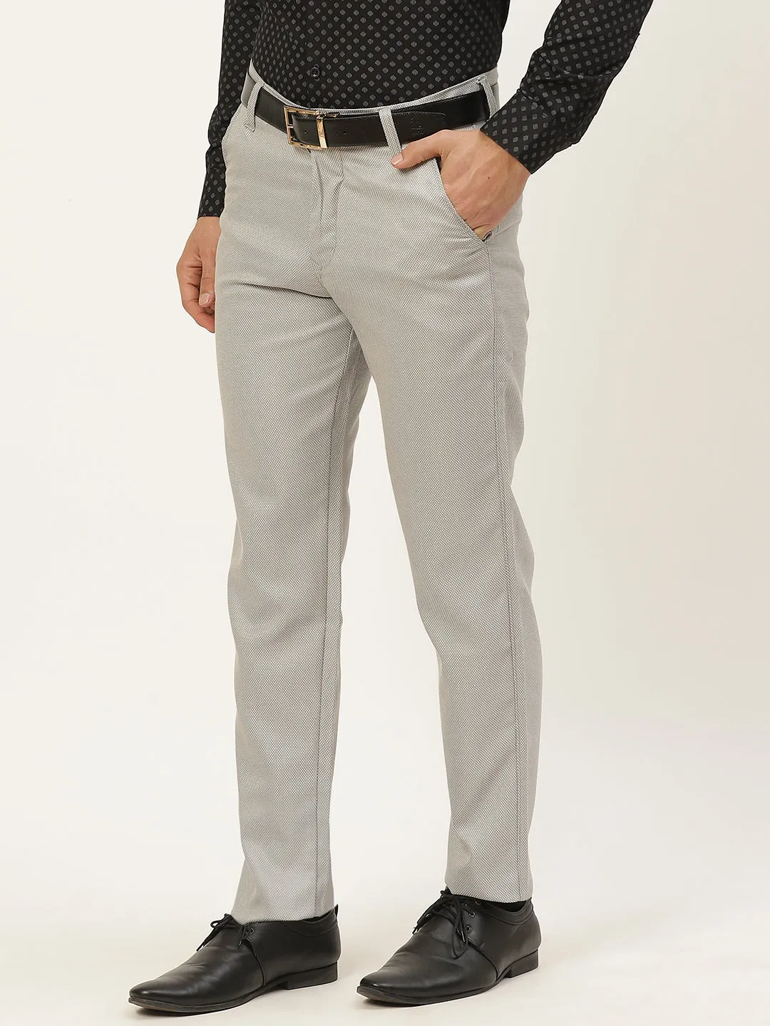 Men's Cotton Blend Grey & Off White Self Design Formal Trousers - Sojanya