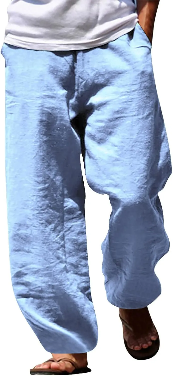 Men's Drawstring Linen Pants Casual Loose Fit Summer Stylish Yoga Pants Elastic Waist Trendy Trousers with Pockets