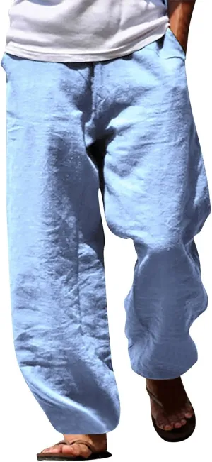 Men's Drawstring Linen Pants Casual Loose Fit Summer Stylish Yoga Pants Elastic Waist Trendy Trousers with Pockets