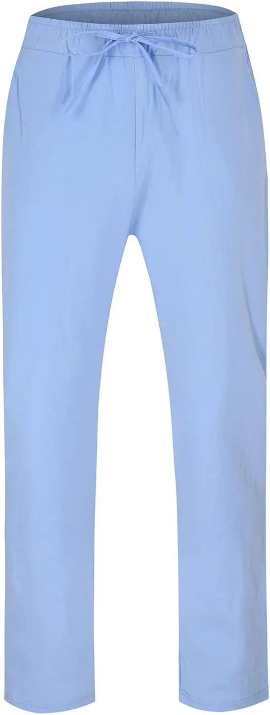 Men's Drawstring Linen Pants Casual Loose Fit Summer Stylish Yoga Pants Elastic Waist Trendy Trousers with Pockets