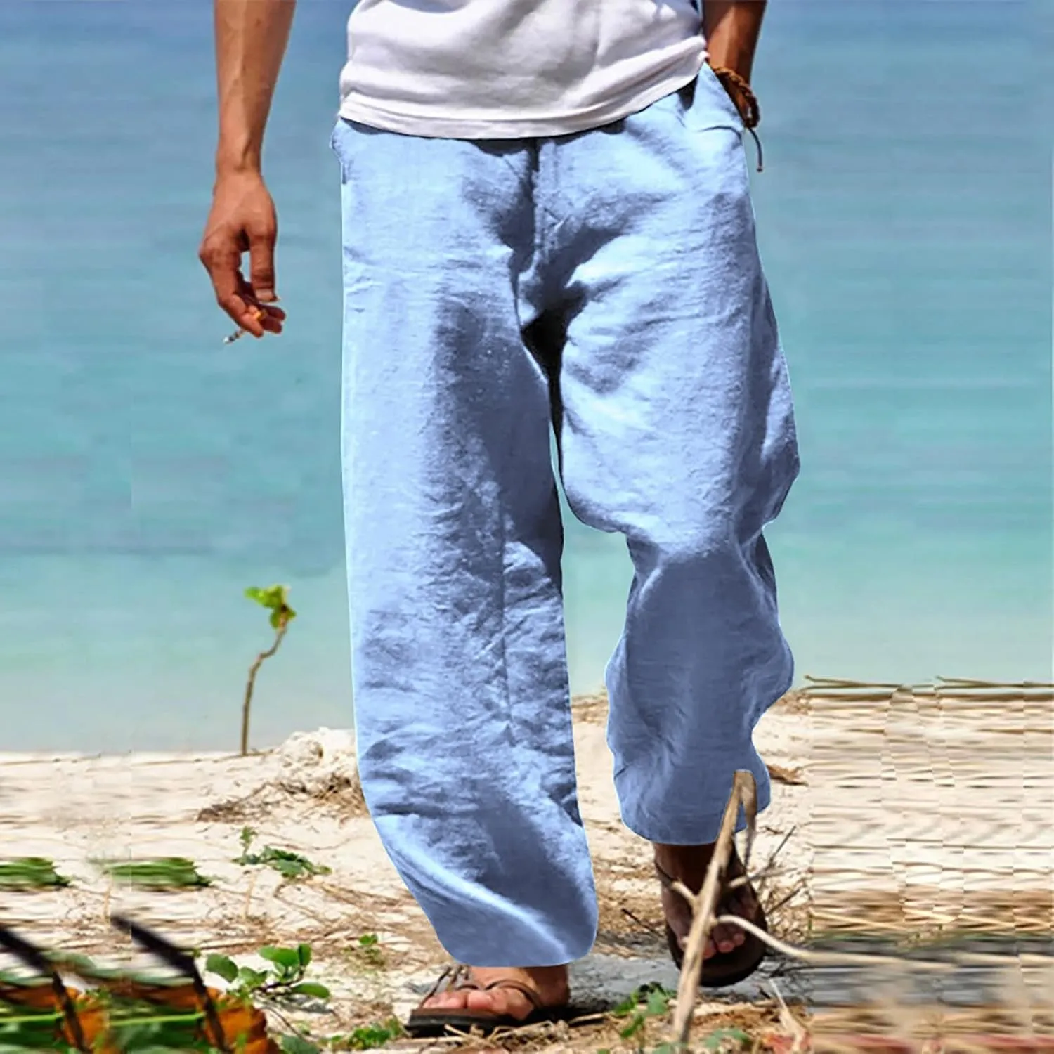Men's Drawstring Linen Pants Casual Loose Fit Summer Stylish Yoga Pants Elastic Waist Trendy Trousers with Pockets