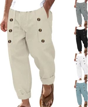Men's Hawaiian Beach Pants Casual Multi Button Cotton and Linen Trousers Loose Fit High Waist Stylish Long Slacks