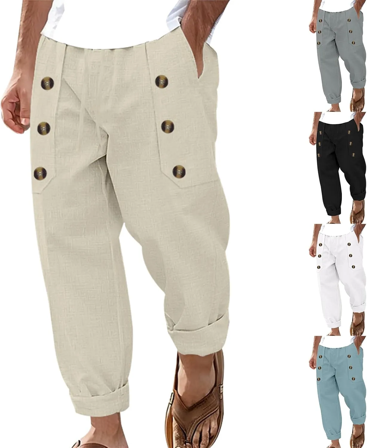 Men's Hawaiian Beach Pants Casual Multi Button Cotton and Linen Trousers Loose Fit High Waist Stylish Long Slacks
